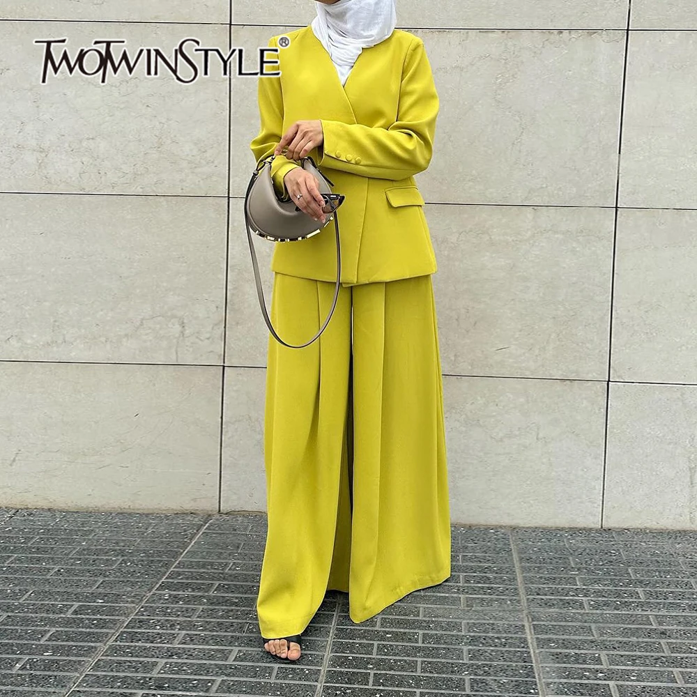 

TWOTWINSTYLE Solid Elegant Two Piece Sets For Women V Neck Long Sleeve Tunic Coat High Waist Wide Leg Pants Elegant Set Female