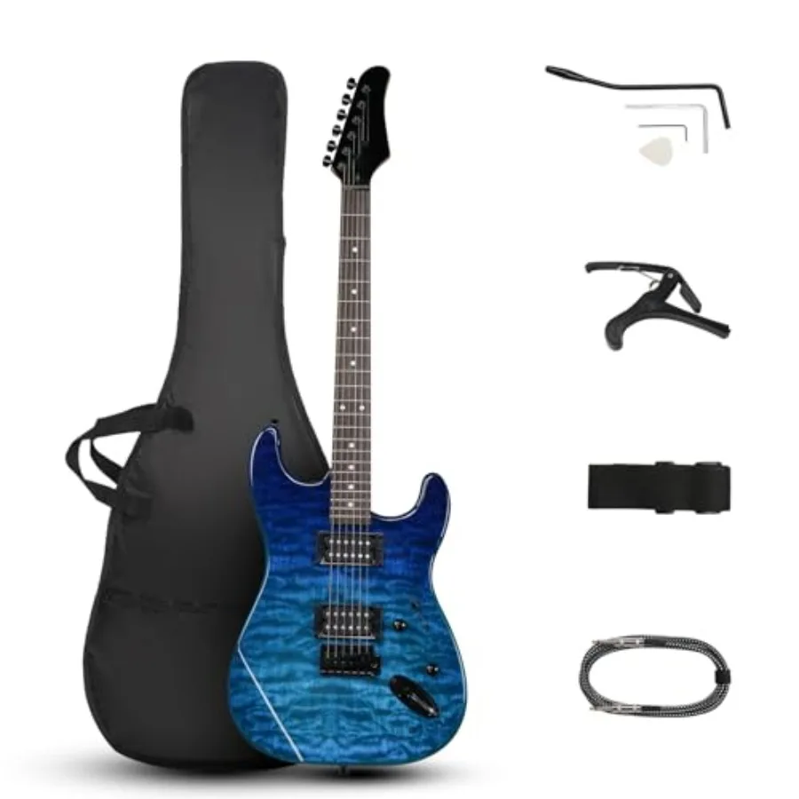 Guitarra Eléctrica de 39 Pulgadas, Tamaño Completo, Cuerpo Sólido, Pastillas H-H, 6 Cuerdas, Kit de Guitarra para Principiantes con Cable Mejorado, Brazo de Trémolo, Funda de Transporte