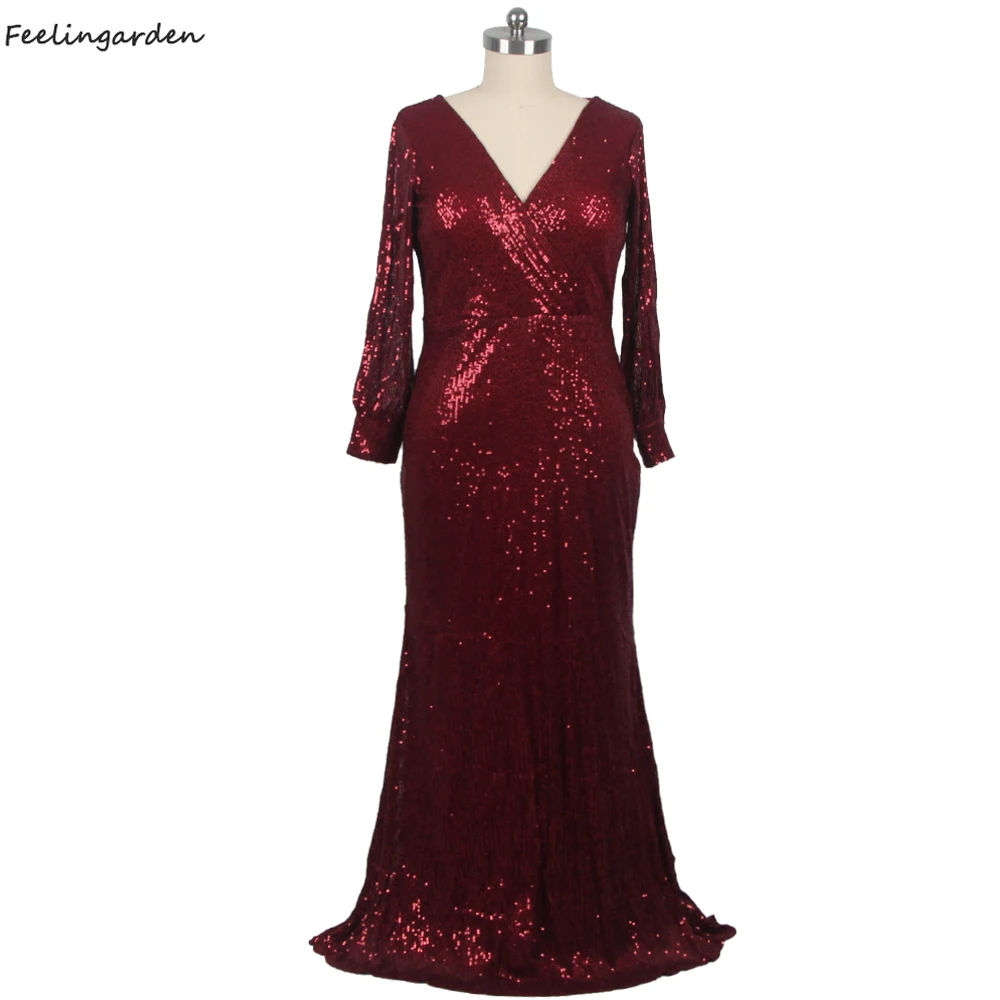 

Feelingarden Real Photo Women Party Dress Burgundy Sequins Plus Size Mermaid Robe De Soiree Full Sleeves Evening Gown DX240