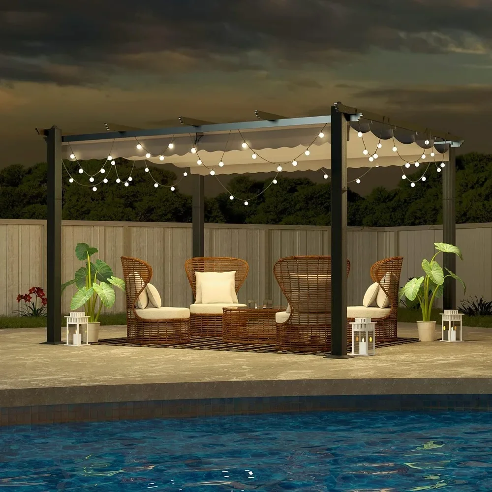 Aluminum Pergola w/Thicker Post & Upgraded Retractable Pergola Canopy, Metal Pergolas and Gazebos Heavy