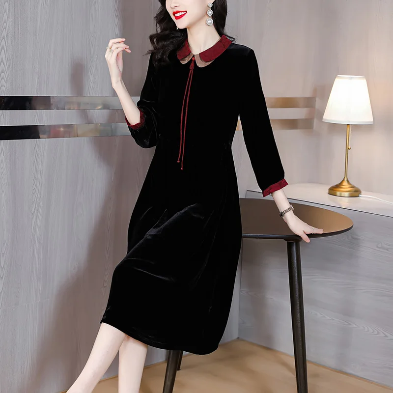 

And Autumn Winter 2023 New Mulberry Silk Sleeve Large Black Gold Velvet Women Doll Collar Westernized Long Dress