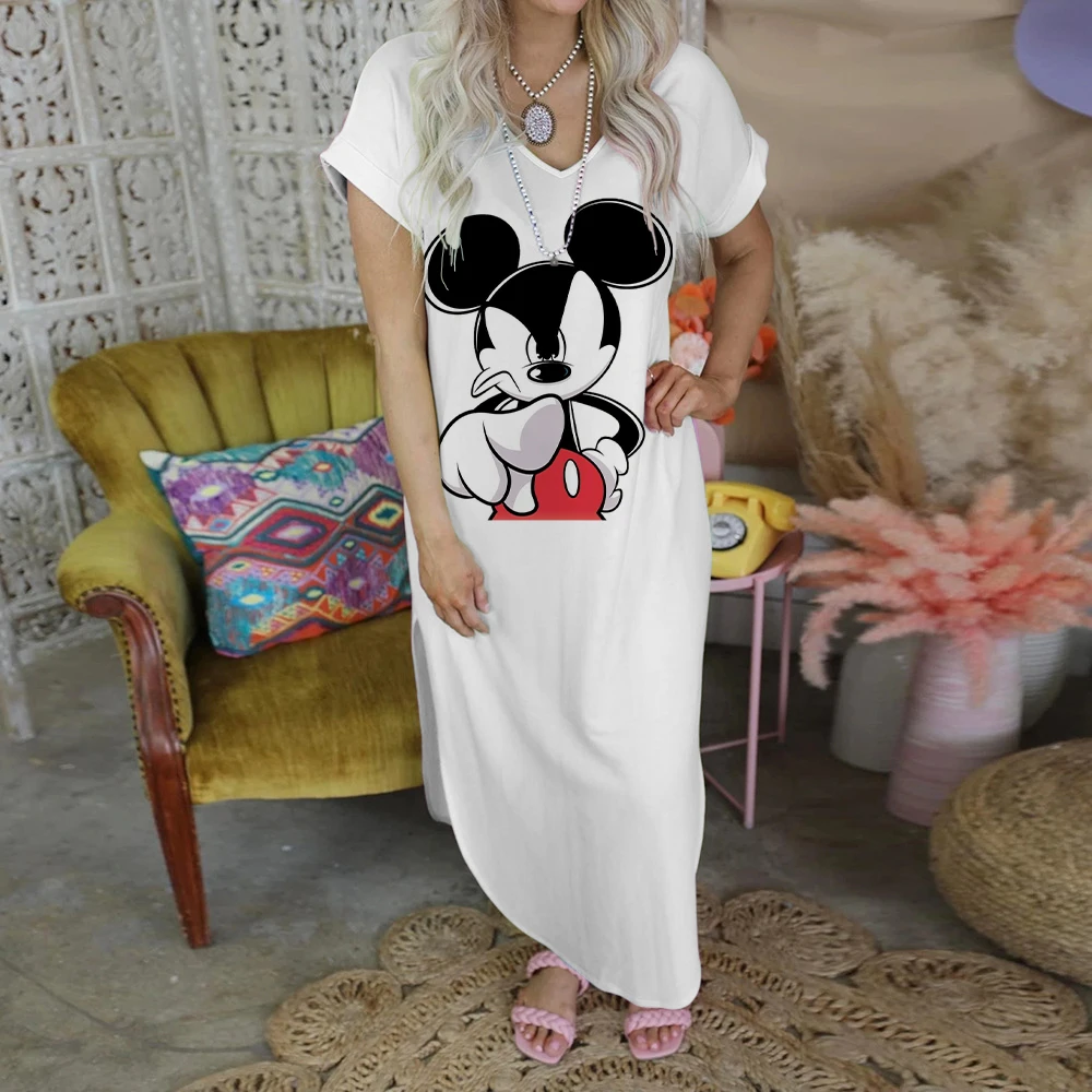 Robe Evening Dresses for Women 2022 Elegant Casual Women's Dresses Disney Split Skirt V-Neck Sexy Dress Minnie Mouse Print Party