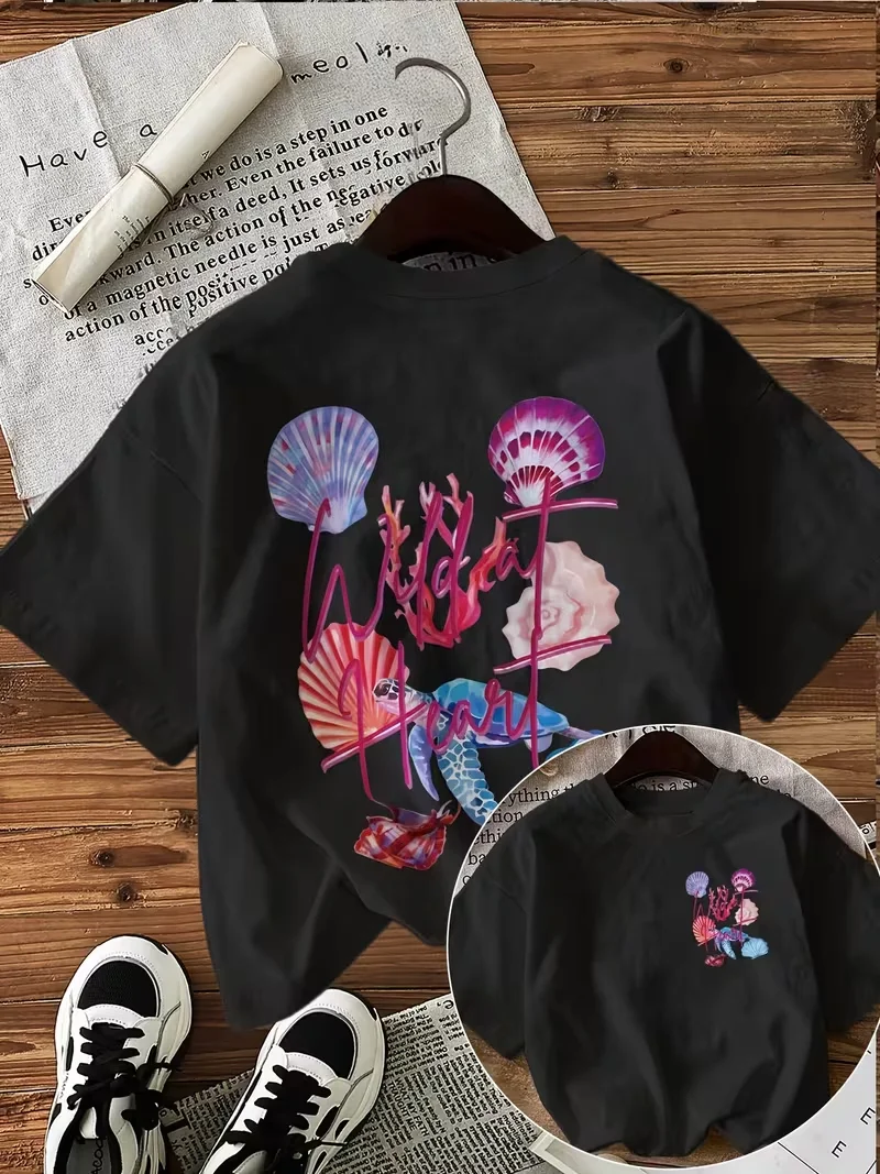 Wild at Heart Watercolor Print Turtle & Shell T-Shirt, Women's Casual Short Sleeve Boho Top, Everyday Comfy Streetwear Tee