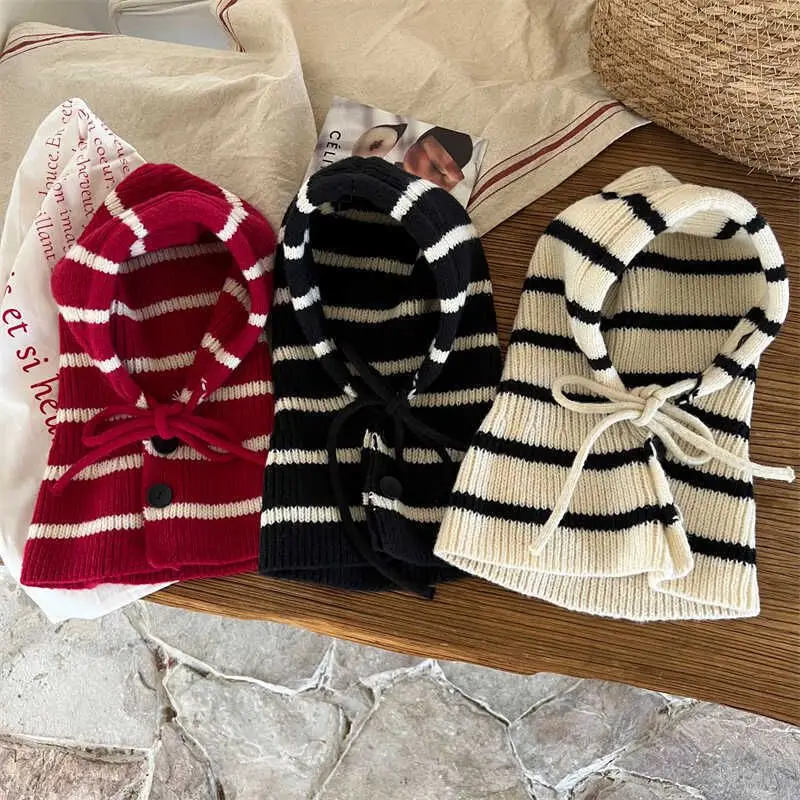 

Baby Striped Balaclava Hat Warm Knitted Woolen Beanie Cap Kids One Piece Pullover Hats Children Winter Hooded Beanies