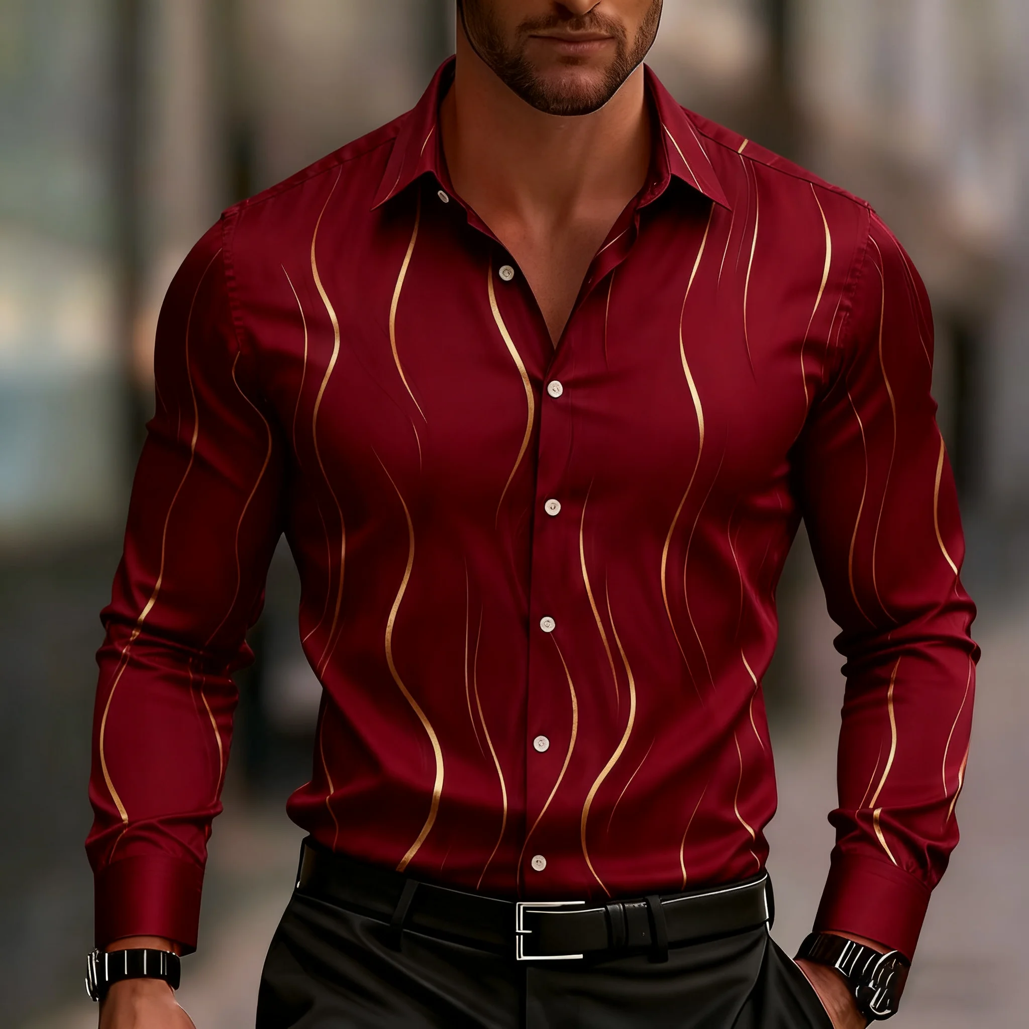 Men's long-sleeved geometric print shirt, stylish button-down shirt, modern wave and stripe pattern for everyday wear.