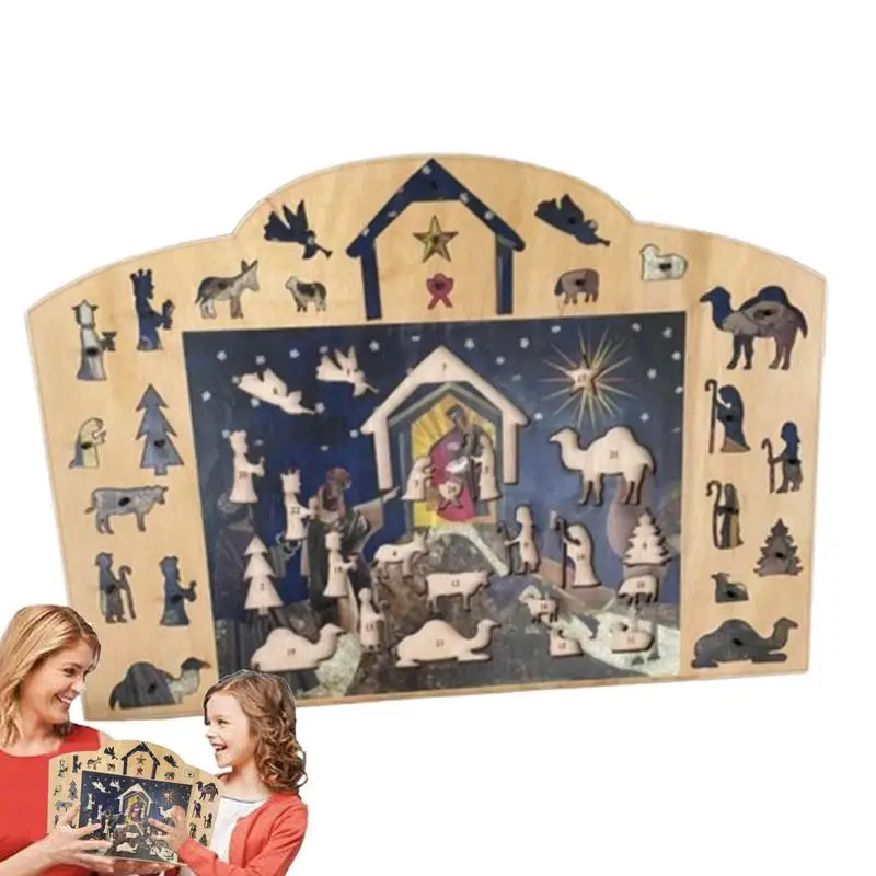 Advent Calendar Nativity Scene 2024 Christmas Story Countdown Calendar Wooden Holiday Countdown Puzzle For Home Decoration