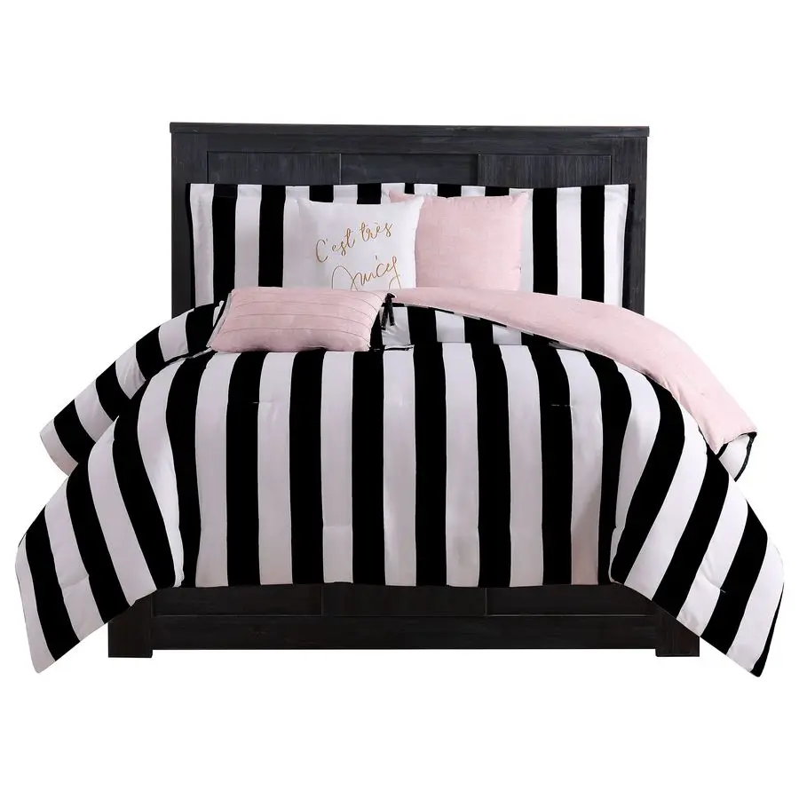 

Cabana Stripe Reversible Bedding Set Queen Size Black and White Stripe Print 6 Piece Set Includes 1 90 x 90 Comforter, 3 Decorat