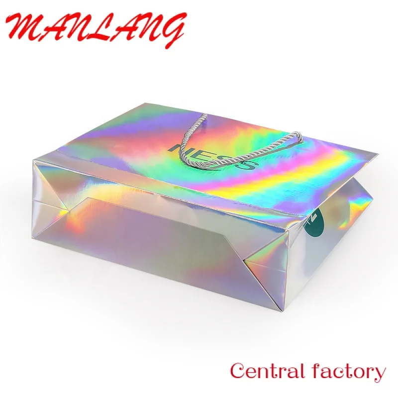 Custom  Custom your own logo printing private label beautiful holographic gift cosmetic carry bags luxury paper shopping bag wit