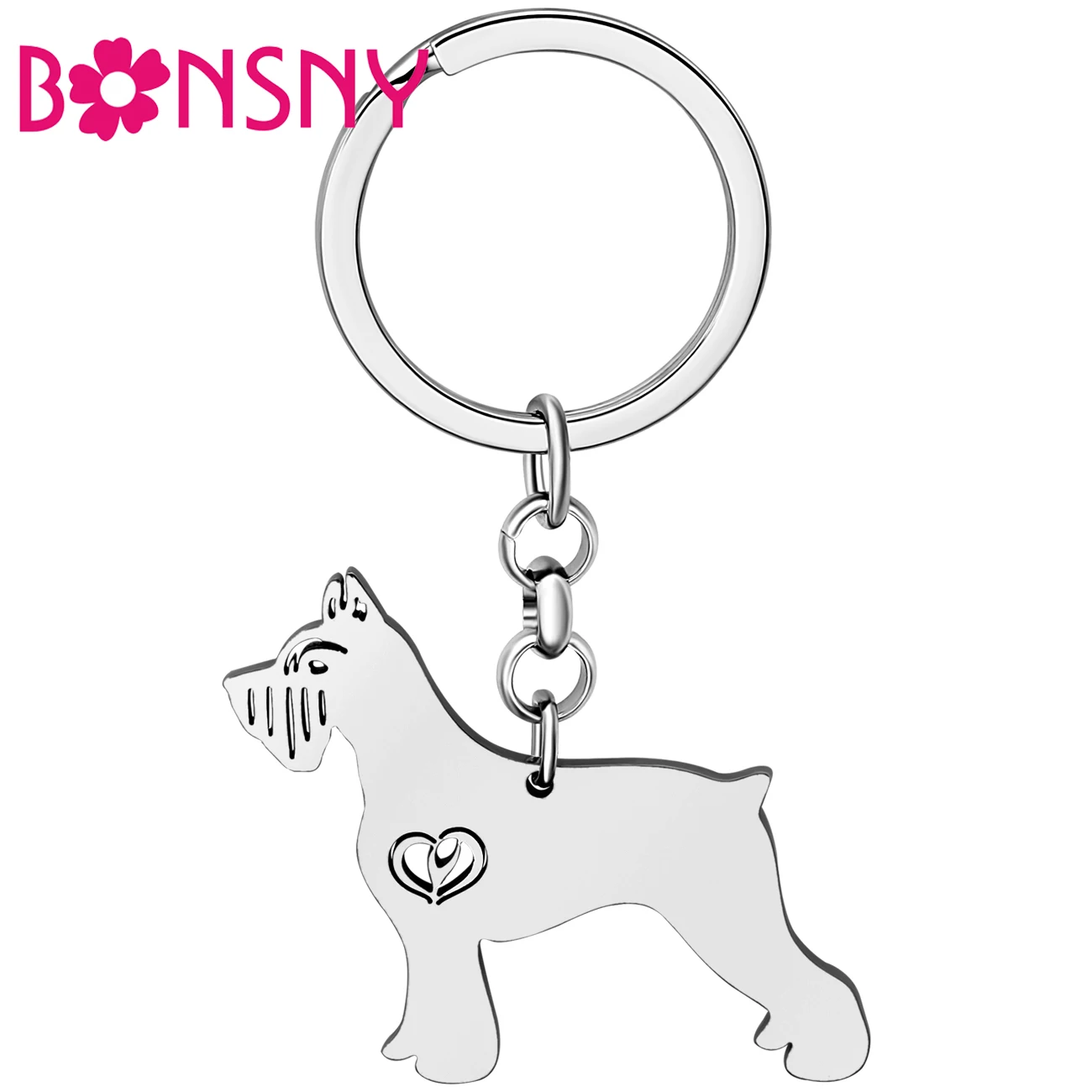 Bonsny Stainless Steel Silver-plated Schnauzer Terrier Dog Key Chains Keyring Pet Animals Keychains Fashion Jewelry For Women