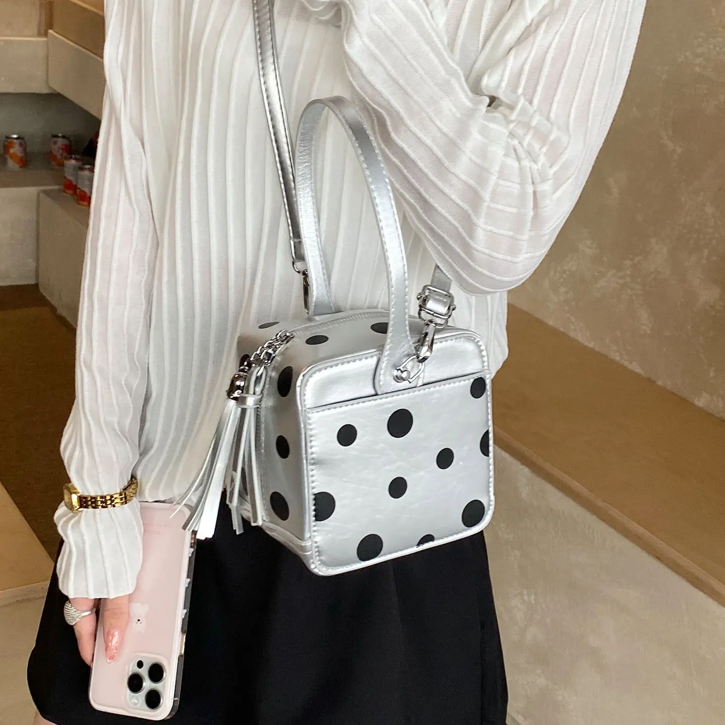 

Корейская мини-сумка в горошек 2026: Новая универсальная сумка через плечо и на плечо для женщин