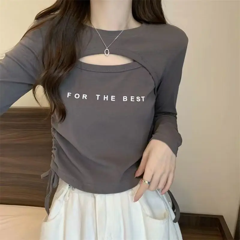 Fashion Letter Loose Hollow Out Shirring Lace Up T-Shirts Female Clothing 2023 Autumn Winter Casual Printed Tops Sweet Tee Shirt