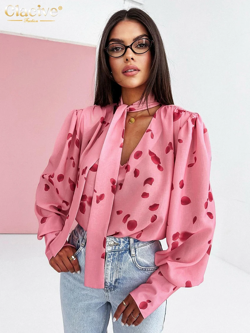 Clacive Fashion Loose Print Women's Shirt 2025 Sexy V-Neck Long Sleeve Shirts Elegant Classic Lace-Up Tops Female Clothing