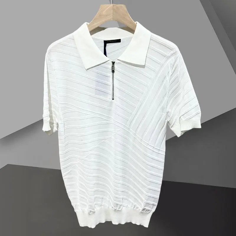T-Shirt estiva in maglia Polo Camisa Hombre Mannen Polo 4 colori maglietta da uomo britannica a righe Jacquard Casual Slim risvolto cerniera Polo