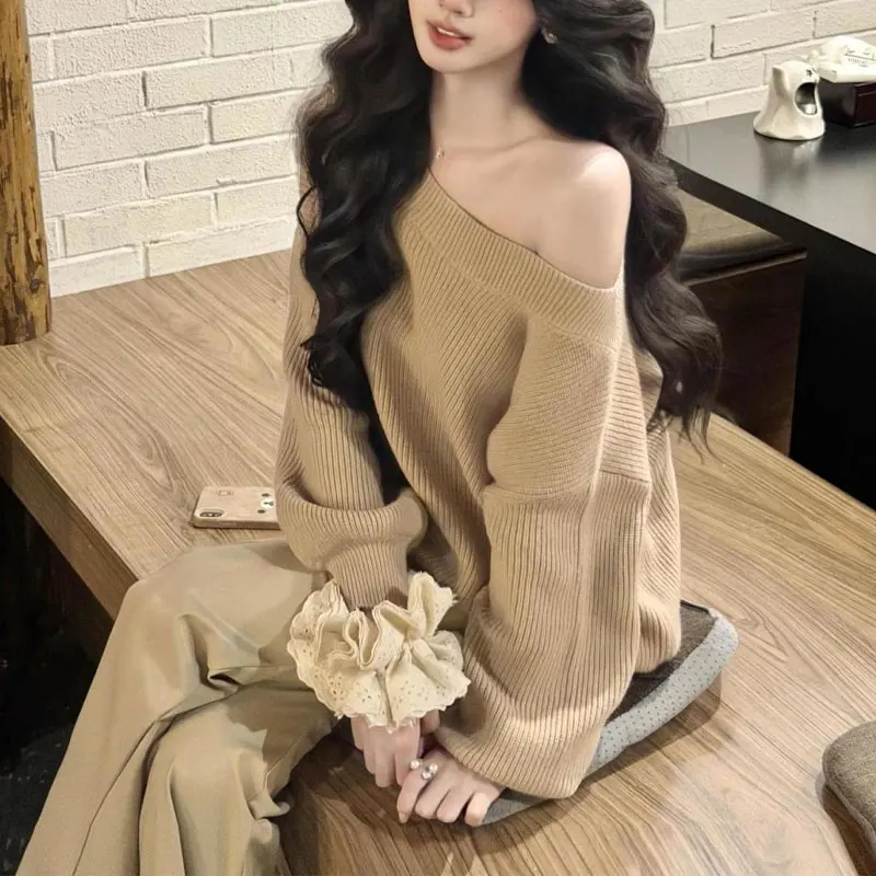 

Gentle Aura Slash Neck Knitted Pullovers Women's Clothing Solid Color Autumn Winter Stylish Off Shoulder Vintage Loose Sweaters