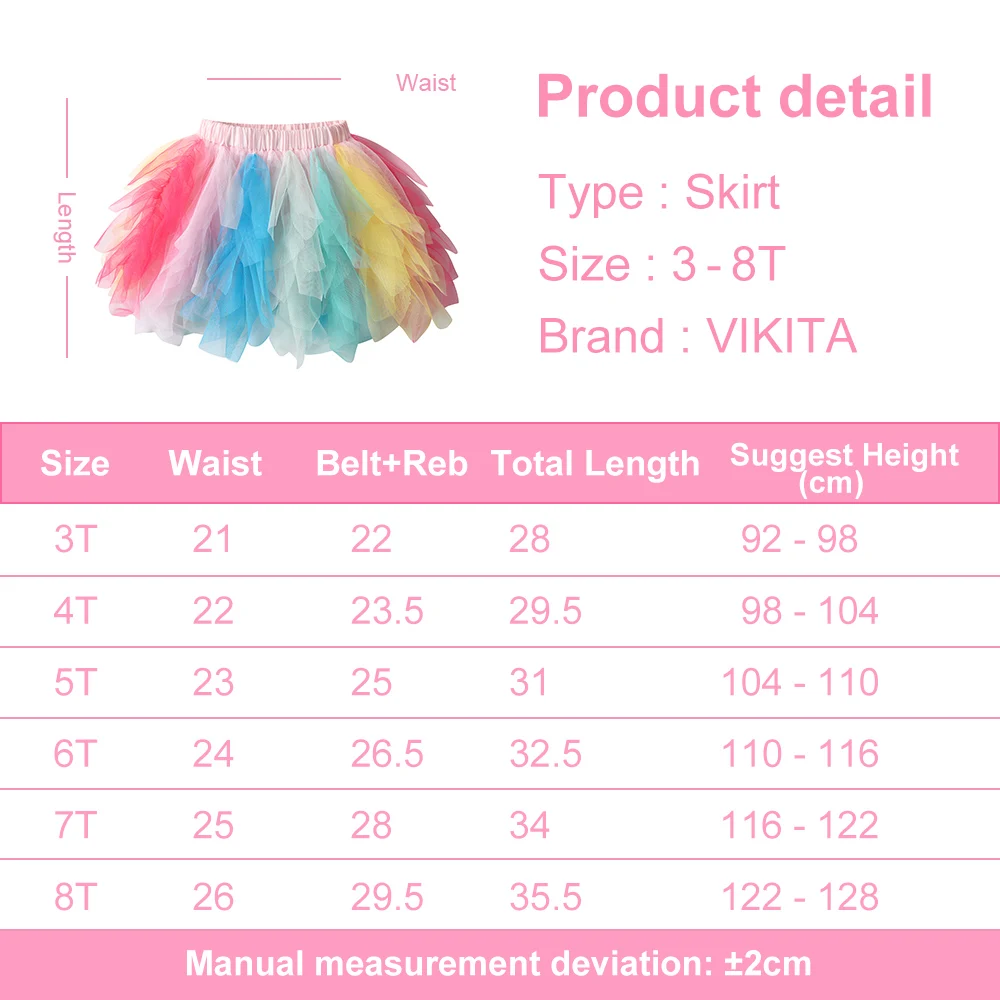 VIKITA Kids Irregular Layered Cake Mesh Tulle Tutu Skirts Girl Rainbow Colorful Multicolor Princess Birthday Party Mini Skirts