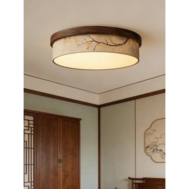 Song Dynasty Chinese Zen Bamboo Leaf Art Fabric Round LED Ceiling Light Living Room Bedroom Home