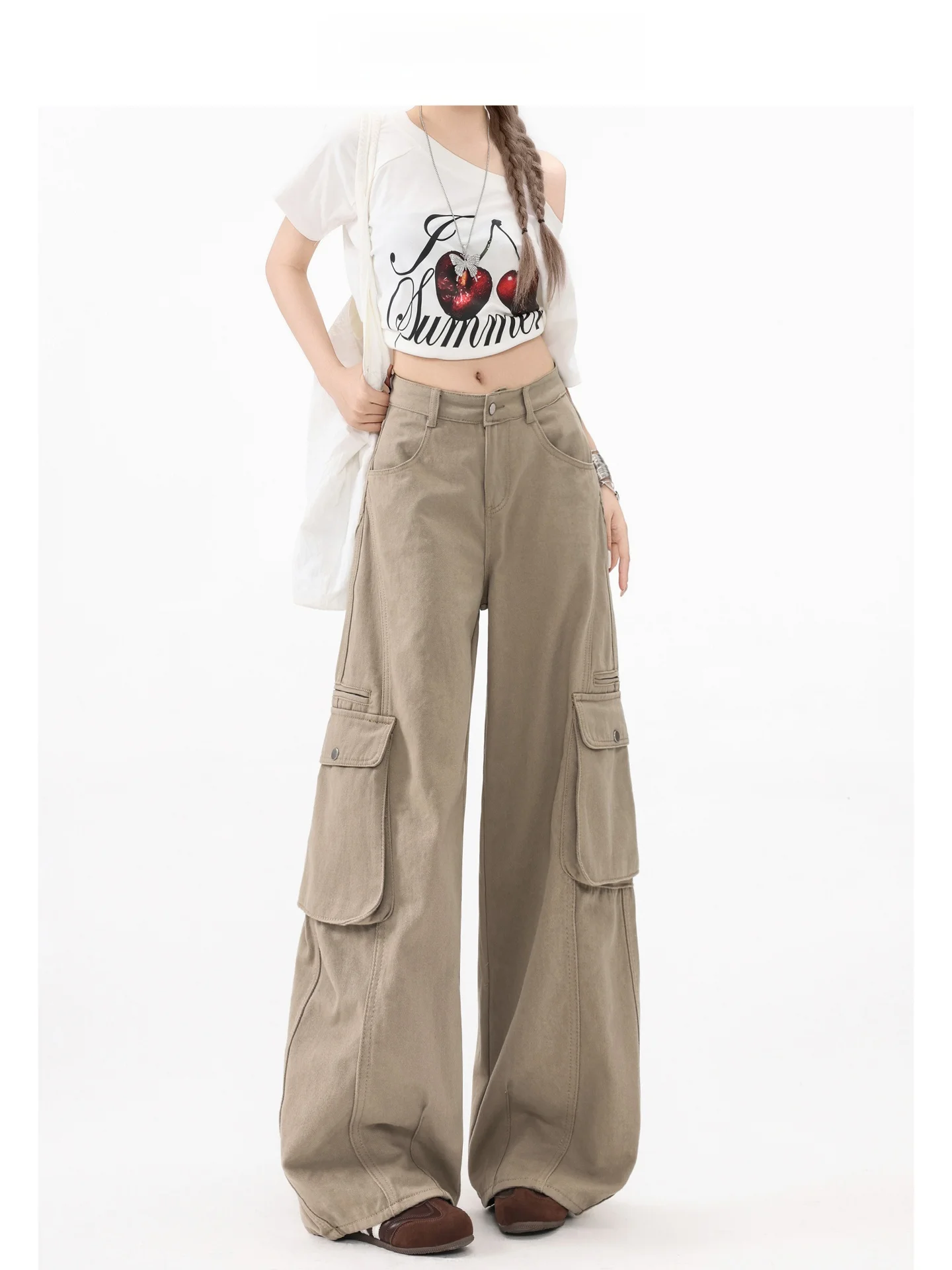 Vaqueros de mezclilla de cintura alta con drapeado estilo americano, pantalones anchos sueltos para mujer, ropa de trabajo informal de verano Forever 21