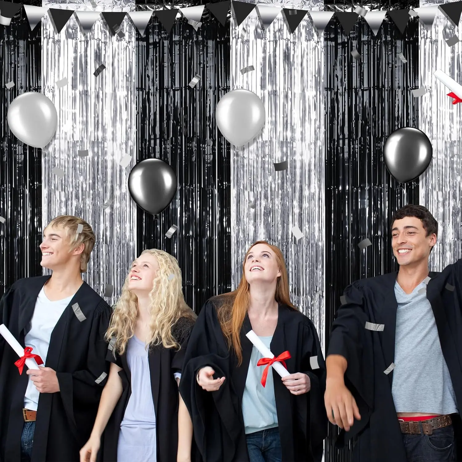 

20 шт., черные, серебряные ленты из металлической фольги, фотофон для выпускного, декор для дня рождения (10 черных, 10 серебряных)