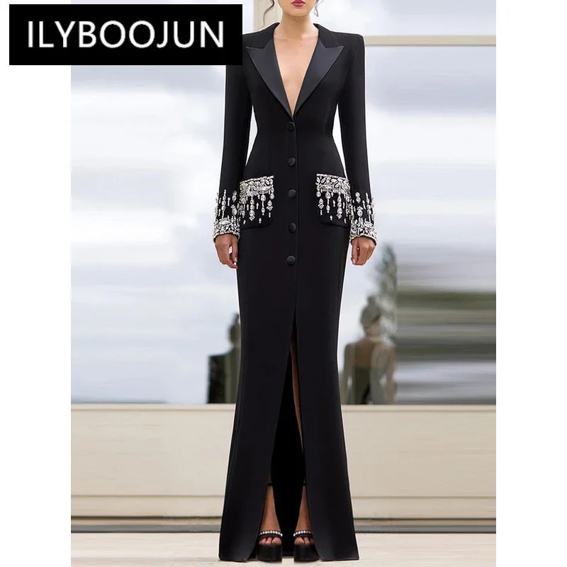 

ILYBOOJUN Newest 2024 Designer Fashion Women's Long Sleeve Notched Collar Rhinestone Diamonds Beading Maxi Long Dress