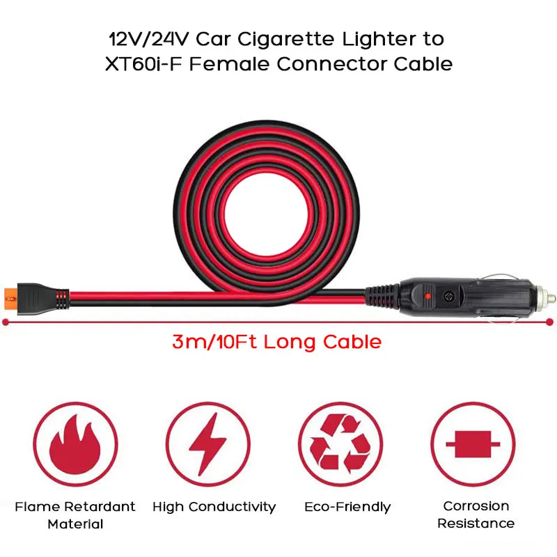 3m/10FT XT60i-F to Car Cigarette Lighter Charging Cable for Ecoflow River 2/3/Mini/Pro/Max, Delta 2/3/Pro/Mini/Max, Wave Etc.