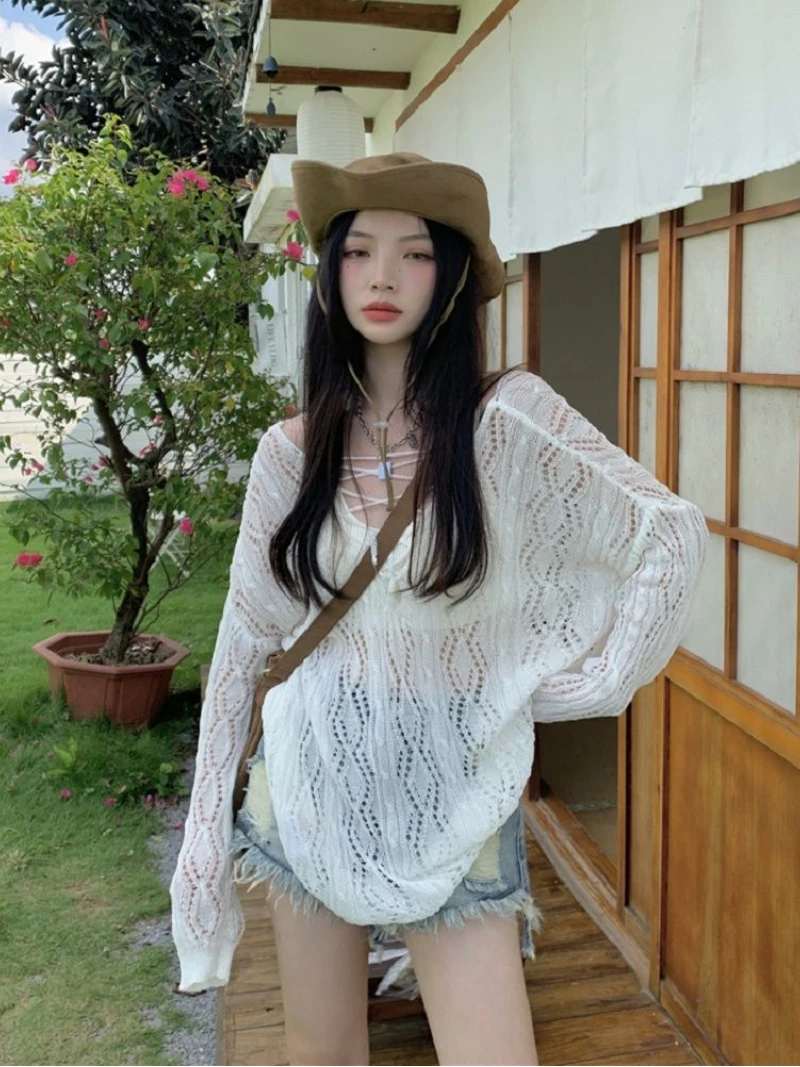 V-neck Hollow Out Pullovers Women Thin Summer All-match Sexy Harajuku Vintage Hot Sale Baggy Sun-proof Ulzzang Casual Sweaters