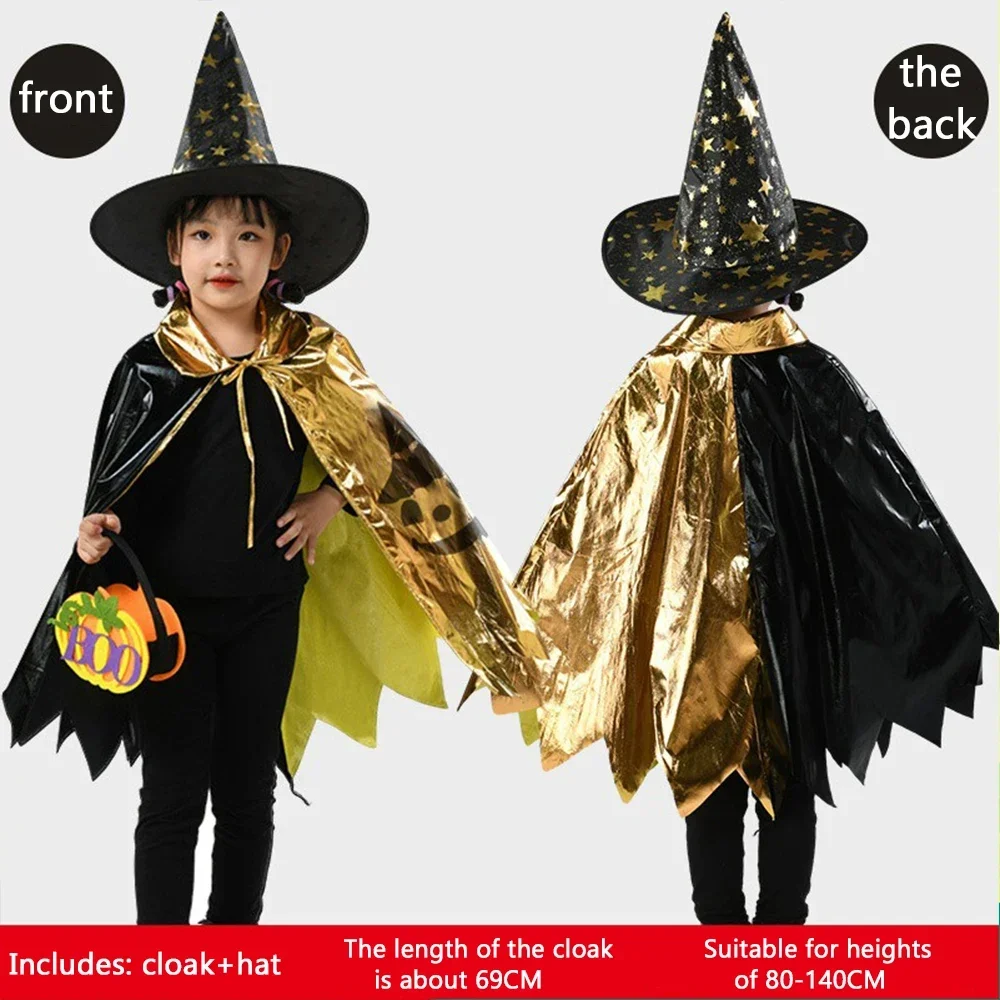 Little Witch Halloween Style Glossy Capes for 3-14 Year Old Girls Trick or Treating Party Cosplay Costume with Pumpkin Candy Bag
