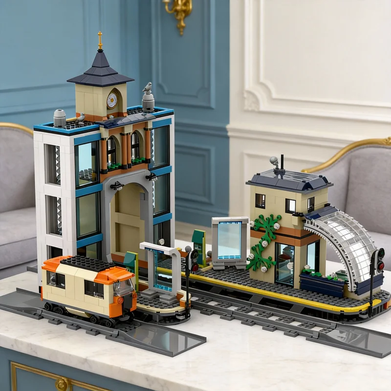 

957pcs MOC Central Train Station City Trains Model Building Blocks Tabletop Decor, Home Decor Bookshelf Display Gift For Adults