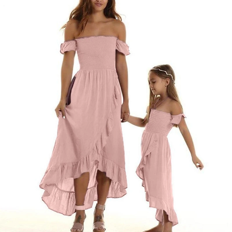 

3 Colors Family Matching Off-shoulder Dress For Women Girls With Ruffled Hem Solid Knee Length A-Line Dress