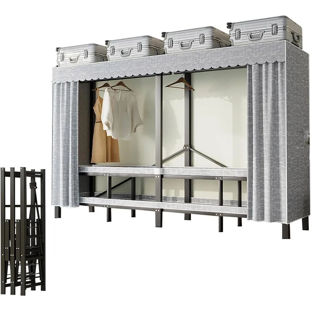 

Grey Heavy Duty Garment Rack with Fabric Cover and 2 Hanging Rods, Portable Foldable Wardrobe Closet, 52cm Large Capacity Extra