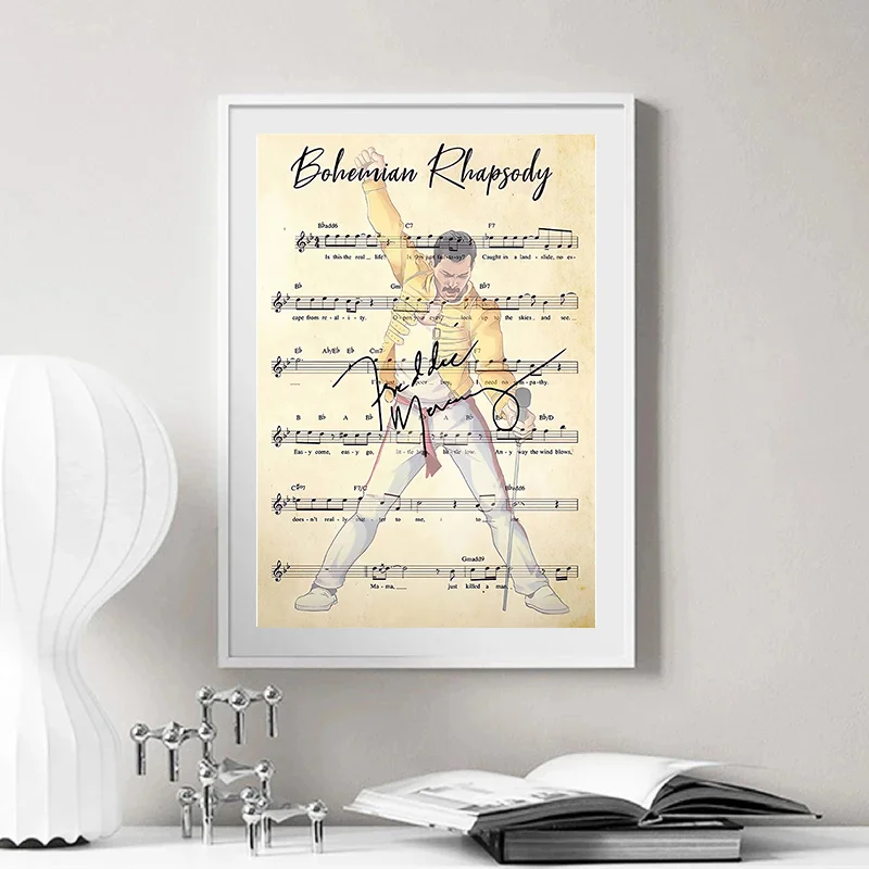 Famous Bohemian Rhapsody Chord Lyrics Poster Freddie Mercury Portrait Canvas Painting Rock Music Star Wall Art Room Home Decor