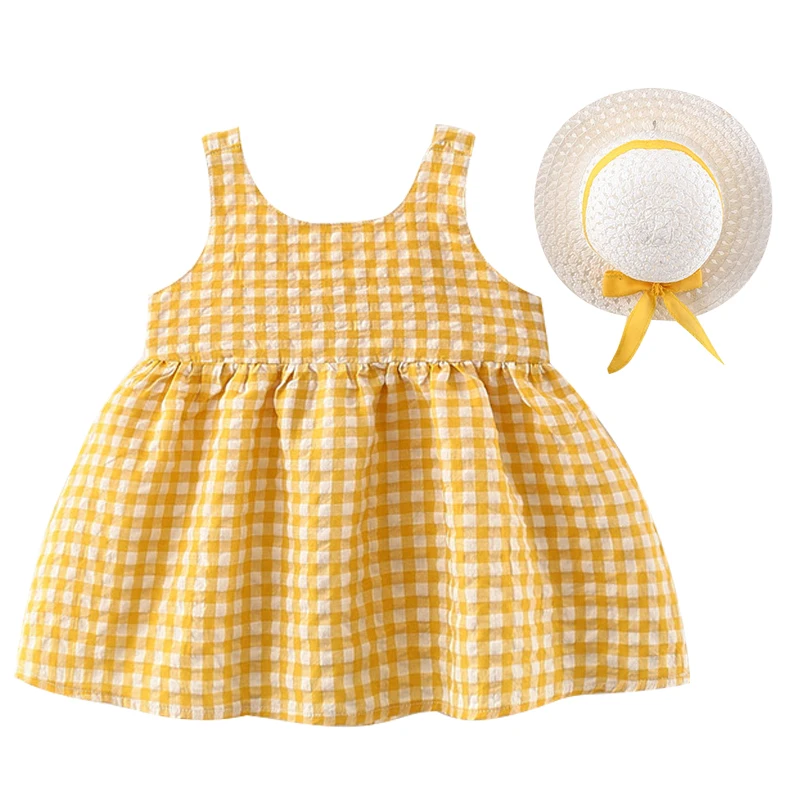 

2Piece Set Summer Toddler Girls Dress Korean Cute Bow Plaid Sleeveless Cotton Princess Baby Dresses+Sunhat Newborn Clothes BC004