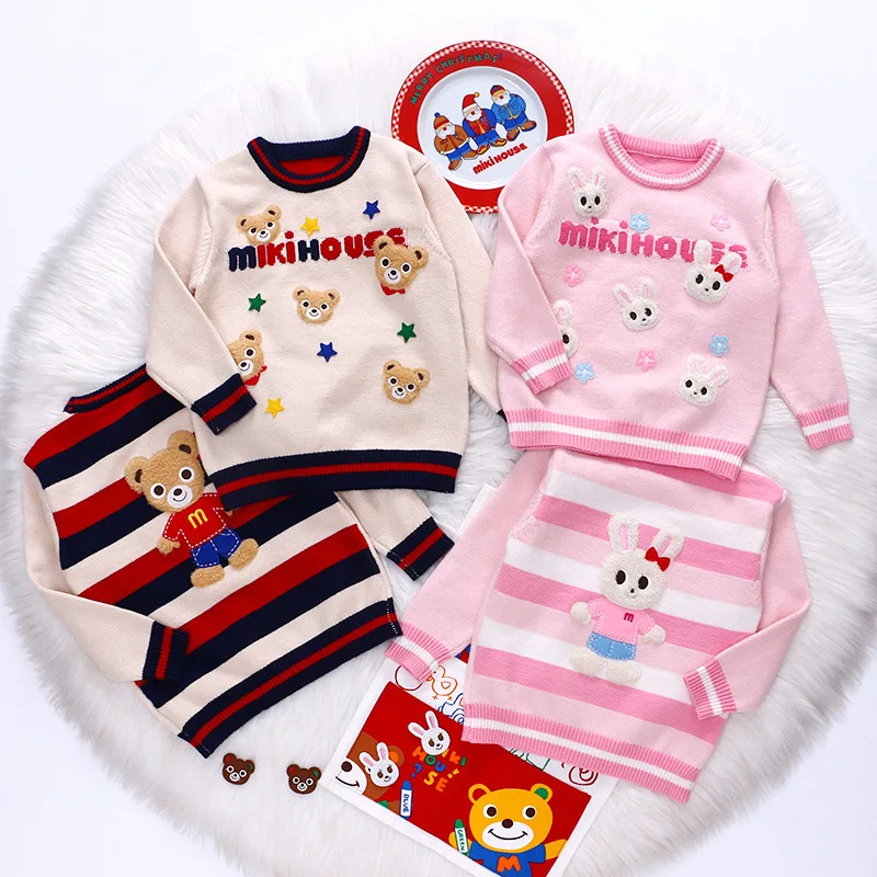 Japanese Boys and Girls Knitted Sweater Cartoon Three-dimensional Embroidery Bear Rabbit Pull Sweaters Shirt Baby Girl Clothes