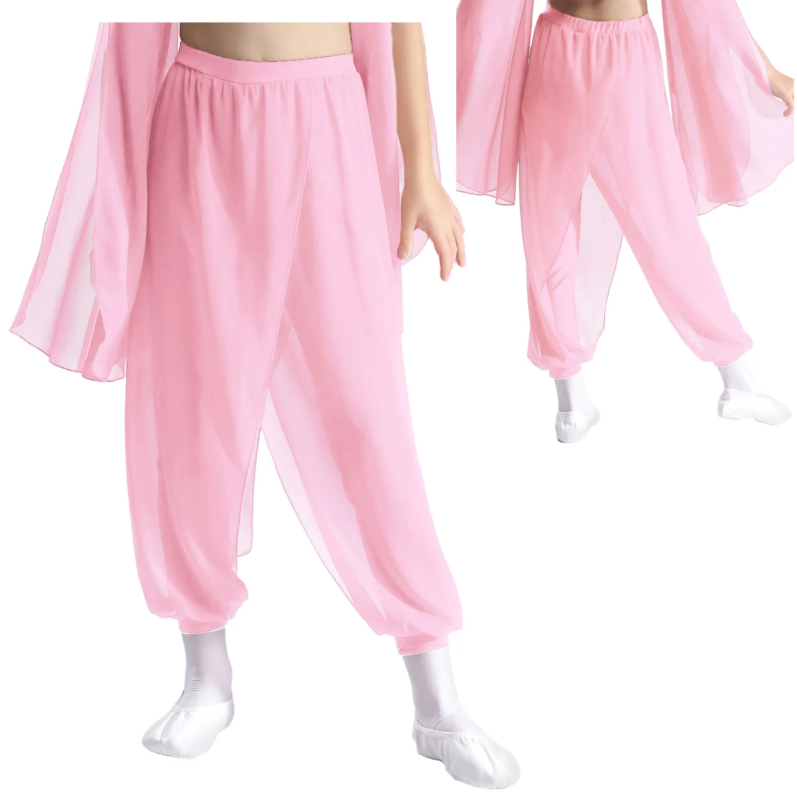 Indische Tanzhose für Kinder und Mädchen, weicher Satin, weites Bein, Pumphose, Ballsaal, Bauchtanzhose für Halloween, Karneval, Tanzaufführung – Detail 32