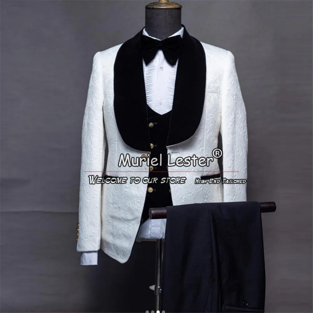 

Classic Wedding Suits For Men Black Velvet Lapel White Jacquard Groom Tuxedos Custom Made 3 Pieces Business Prom Party Blazers