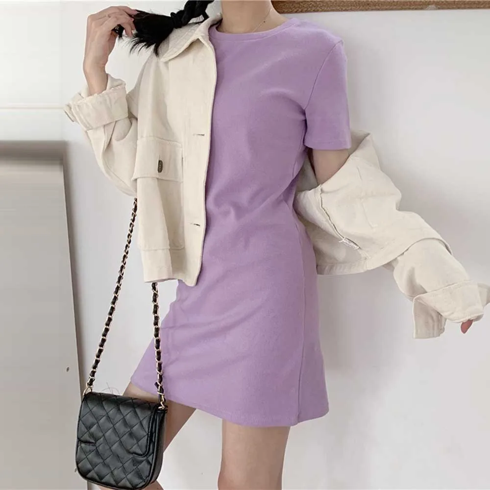 فستان تي شيرت نسائي صيفي قصير الأكمام بألوان الحلوى - فستان بوليستر متوسط الطول للارتداء الكاجوال، مقاسات من M إلى 2XL