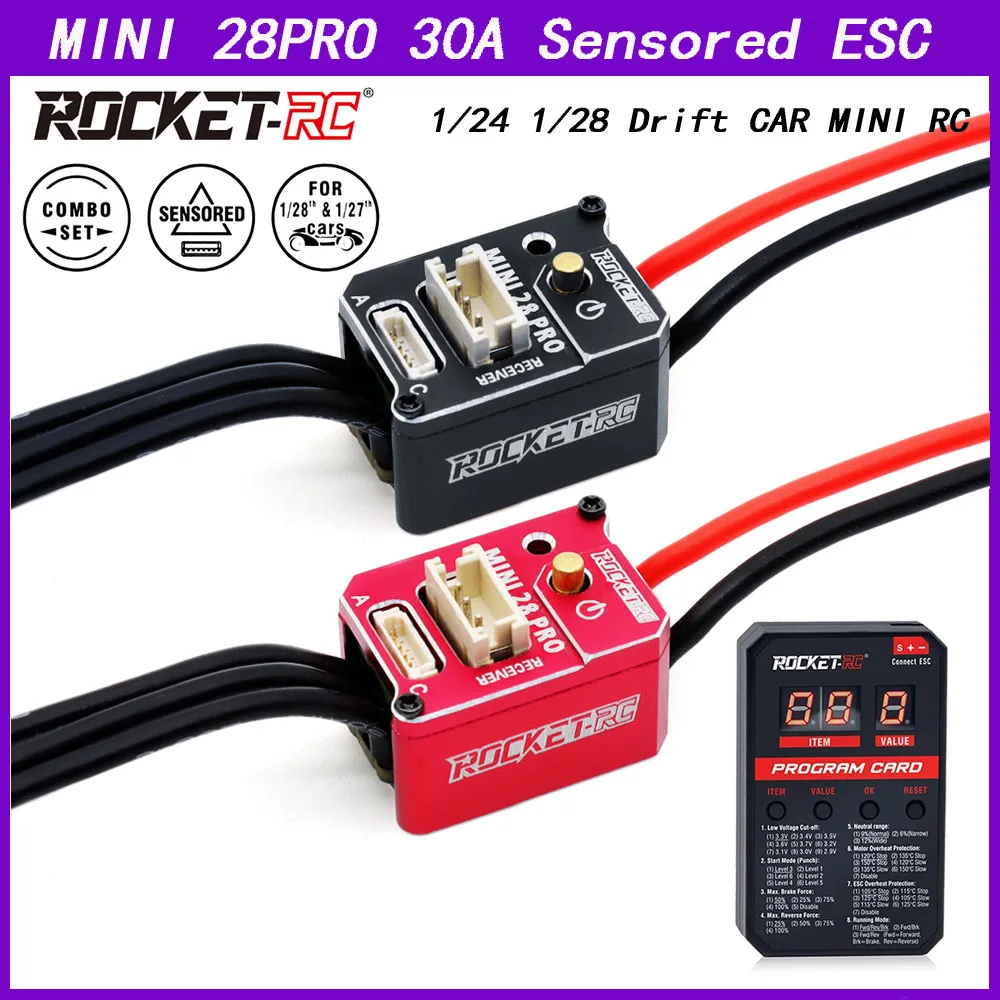 

ROCKET-RC MINI 28 Pro 30A Brushless ESC with LED Programing Card Combo 2S LiPo BEC 3A 6V/7.4V for 1/28 1/27 RC Car Upgrades