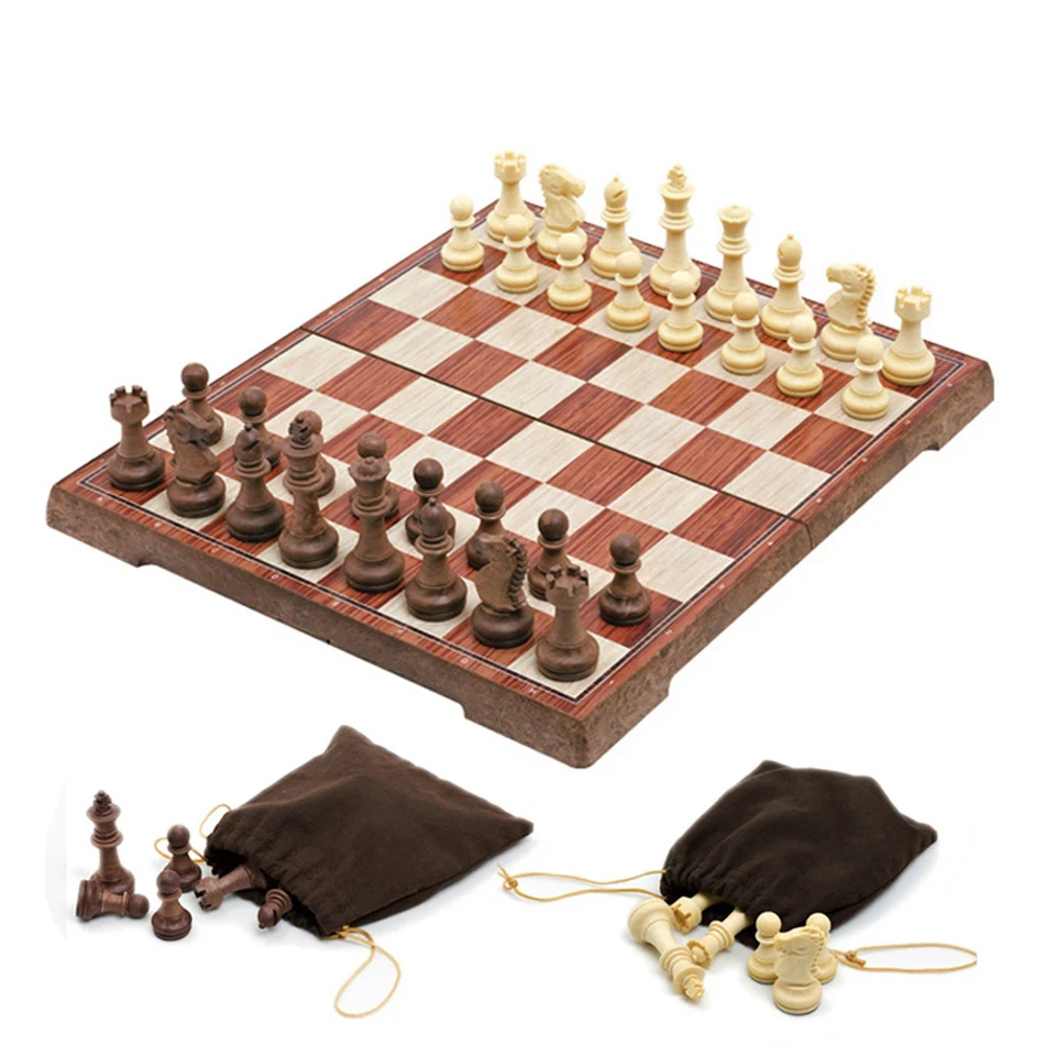 Plastic Imitation Wood Chess Set Family Table Board Game Chess Pices Chess Game Portable Folding Chessboard Plastic Chessman