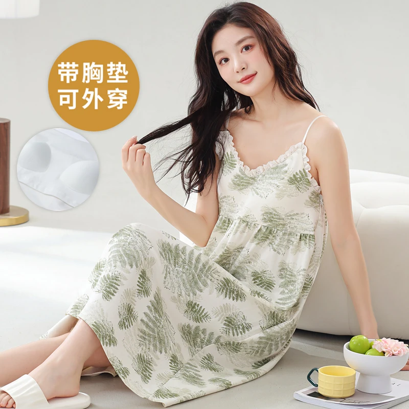 Summer Cotton Nightgowns with Bra Pad Pajamas Women's Dresses Large Size Young Girl Casual Nightdress Homewear lenceria femenina