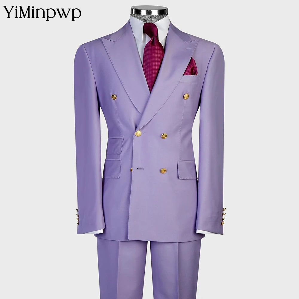 

YiMinpwp Lavender Men's Prom Suit 2 Pieces Double Breasted Satin Formal Party Tuxedo Business Peak Label Graduation Dance XS-5XL