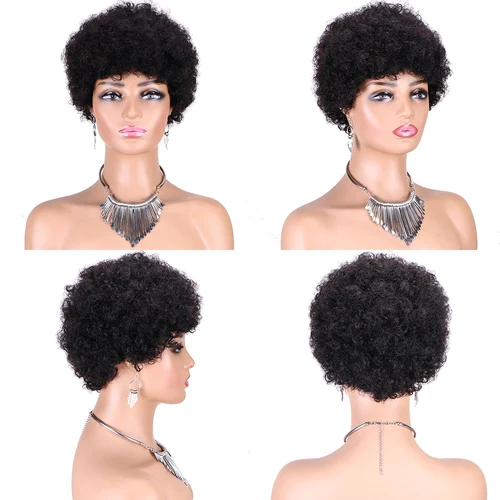 Imagen 2 del producto Pelucas de cabello humano brasileño ondulado Afro corto, peluca rizada Afro Puff para mujeres, peluca completa a máquina de Color negro, marrón y rojo