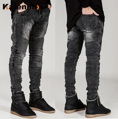 

Men Jeans Hole Skinny Jean Spliced Slim Fit Pencil Pants Pockets Solid Distressed Denim Trouser 2024 Ankle Length Moto Biker