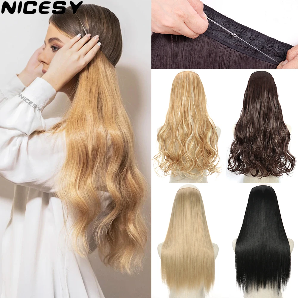 

NICESY Synthetic Invisible Wire No Clip Wave Hair Extensions Long Hairpiece Black Brown Blonde For Women Fake Hair Piece