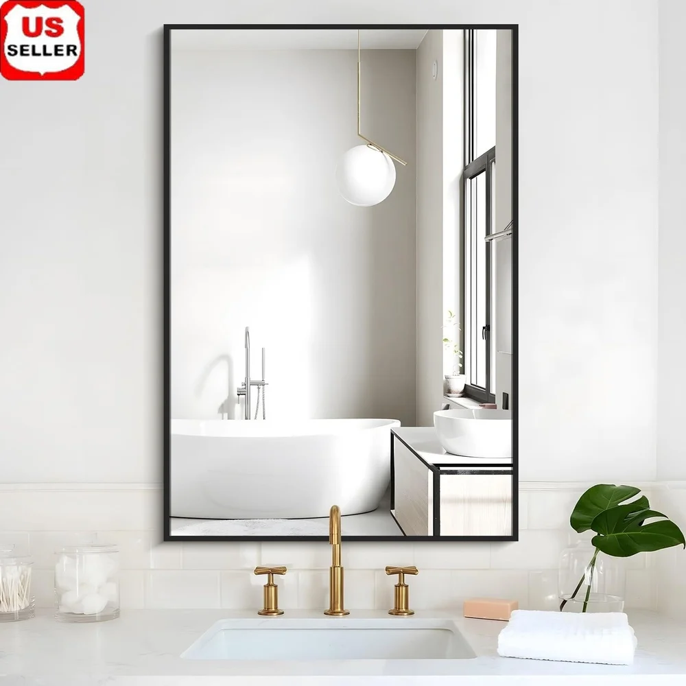 

28x20 дюймов прямоугольное настенное зеркало для ванной комнаты с алюминиевой рамой, небьющееся HD-стекло, универсальный стильный домашний декор