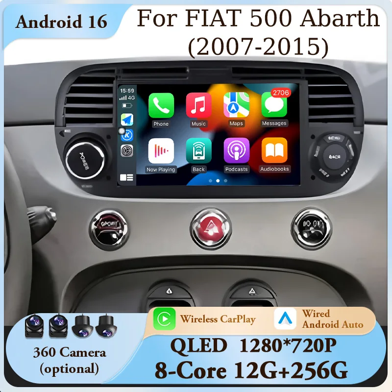 Radio Multimedia para Auto Android 16 de 7 Pulgadas para FIAT 500 Abarth 2007-2015, GPS, Navegador, WiFi, CarPlay, Android Auto, Bluetooth, DSP, HD, Pantalla Táctil IPS