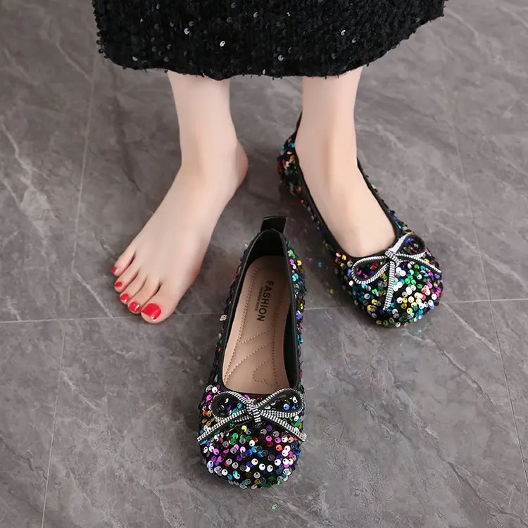 2026 Damen Glitzer-Ballerinas Lässige Gehschuhe Frühling Neu Runde Zehenkappe Schleife Modische Marken-Kleiderschuhe Zapatillas Mujer – Detail 13