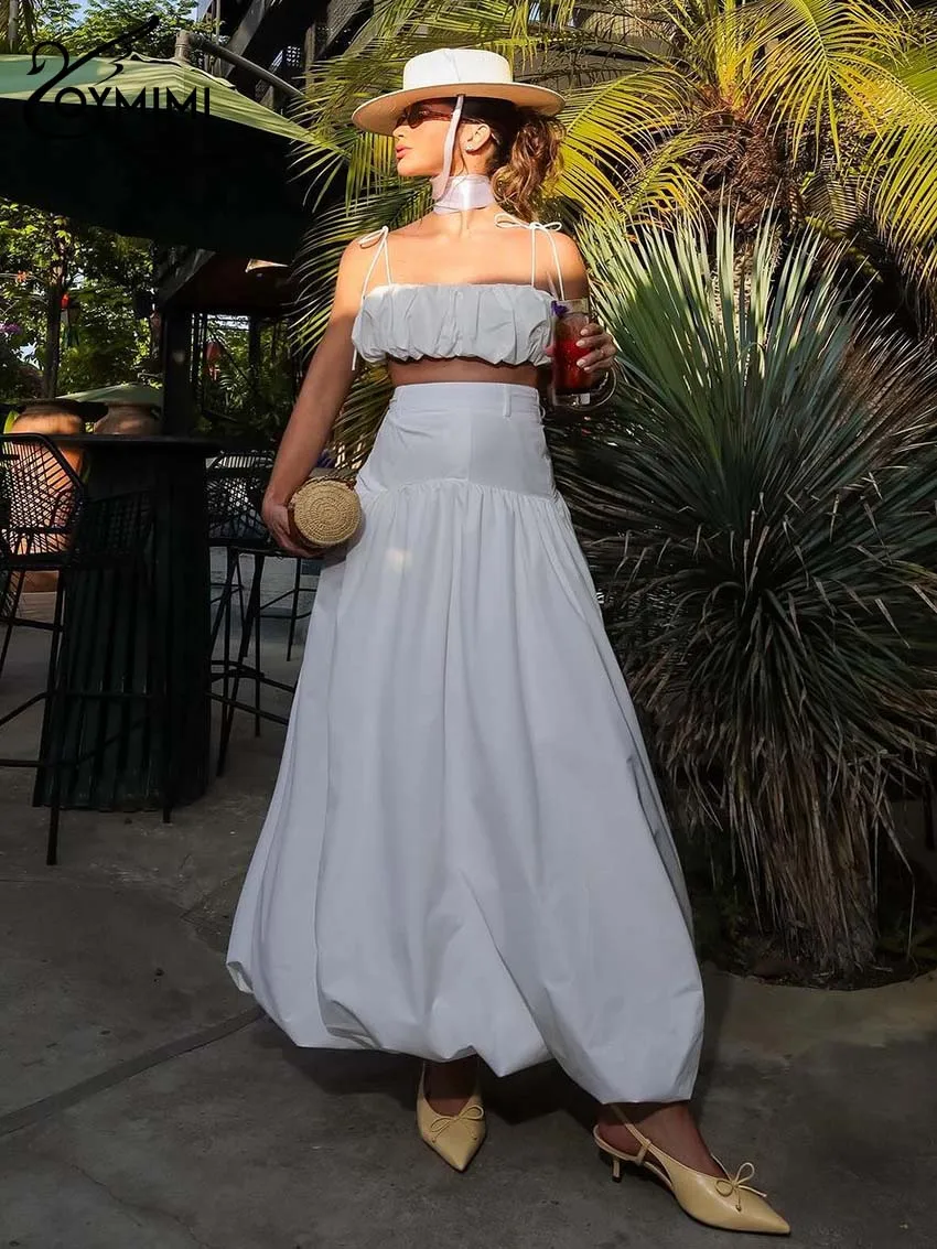 

Oymimi Элегантный белый женский комплект из 2 предметов, повседневные укороченные топы на тонких бретельках и свободные юбки до щиколотки с высокой талией