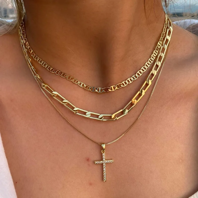 Cross Necklace for Women, Cz Cross Pendant Triple Layered Dainty Paperclip Flat Box Mariner Chain Necklacs Simple Jewelry Gifts