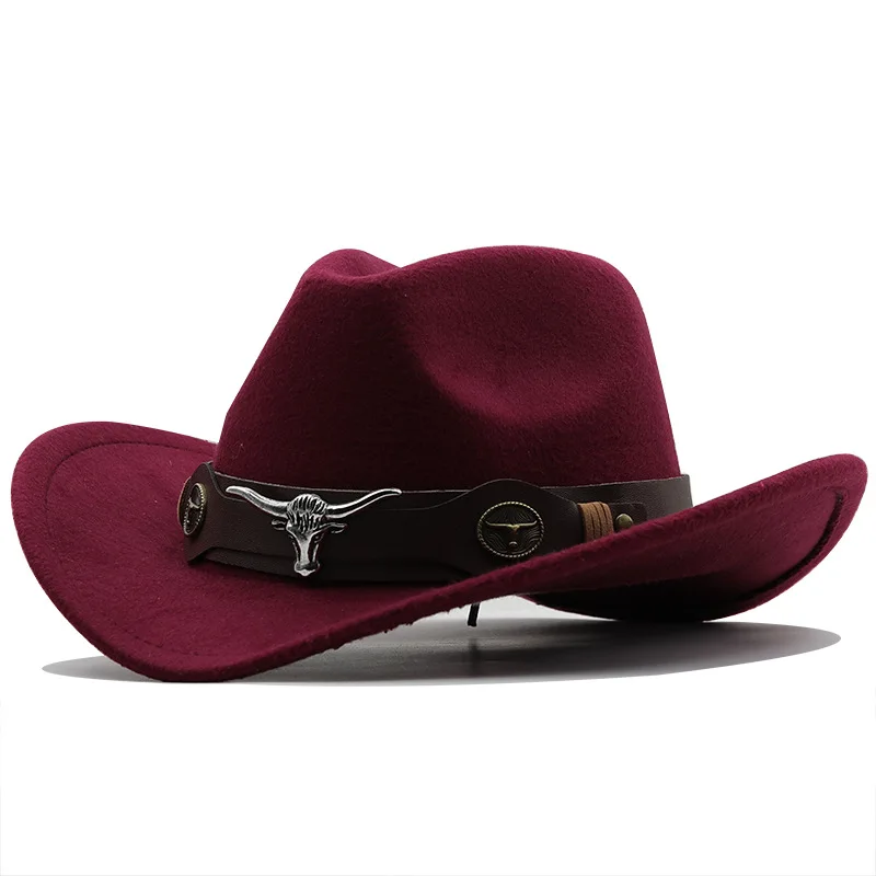 Heißer Verkauf Ethnischen Stil Kuh Logo Western Cowboy Zylinder Mit Gerollter Krempe Retro Reiten Hut Wollfilz Hut – Detail 1