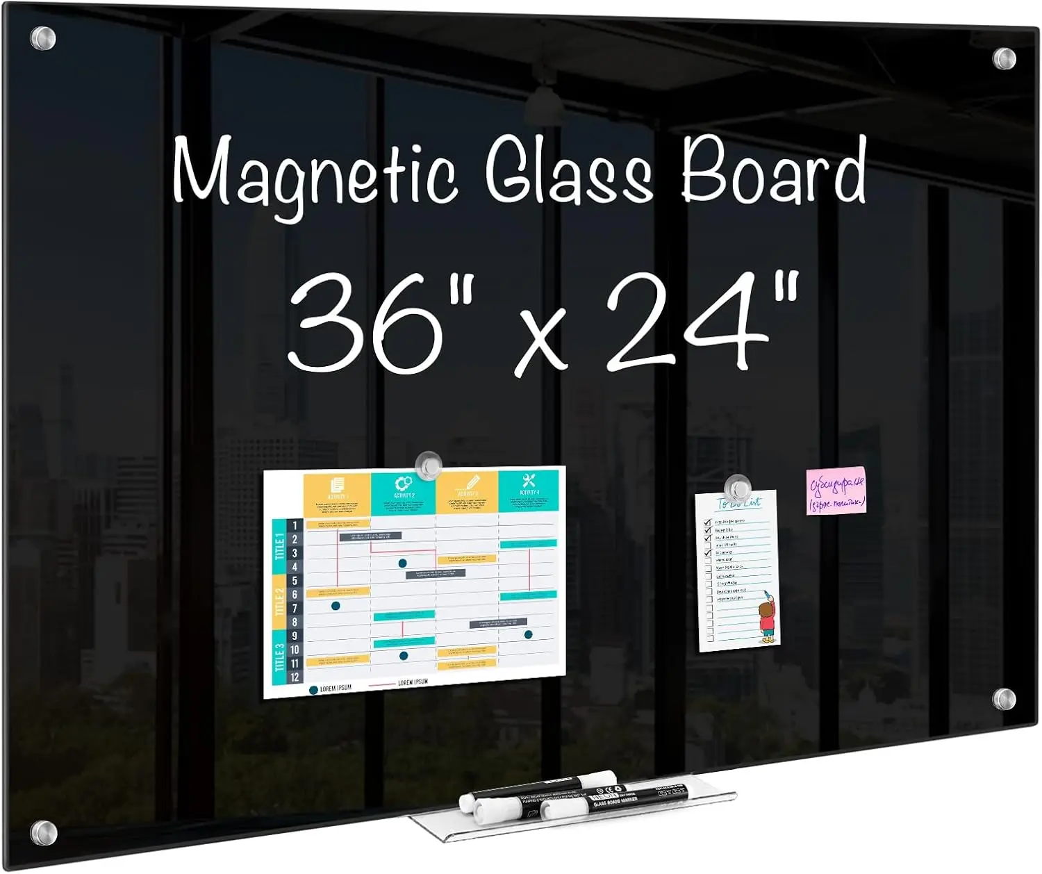 

36x24 Inch Magnetic Glass Dry Erase Whiteboard with 6 Magnets, Markers & Eraser for Wall Mounted Classroom Home Office