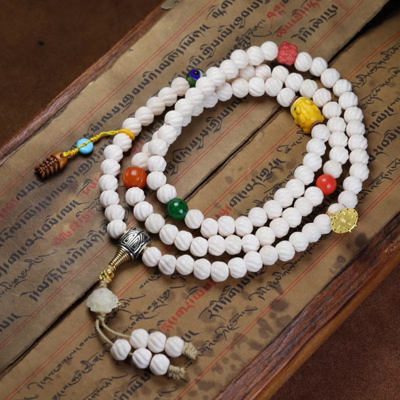 natural-carved-melon-barrel-108-buddhist-beads-tibetan-style-deer-antler-golden-toad-accessori